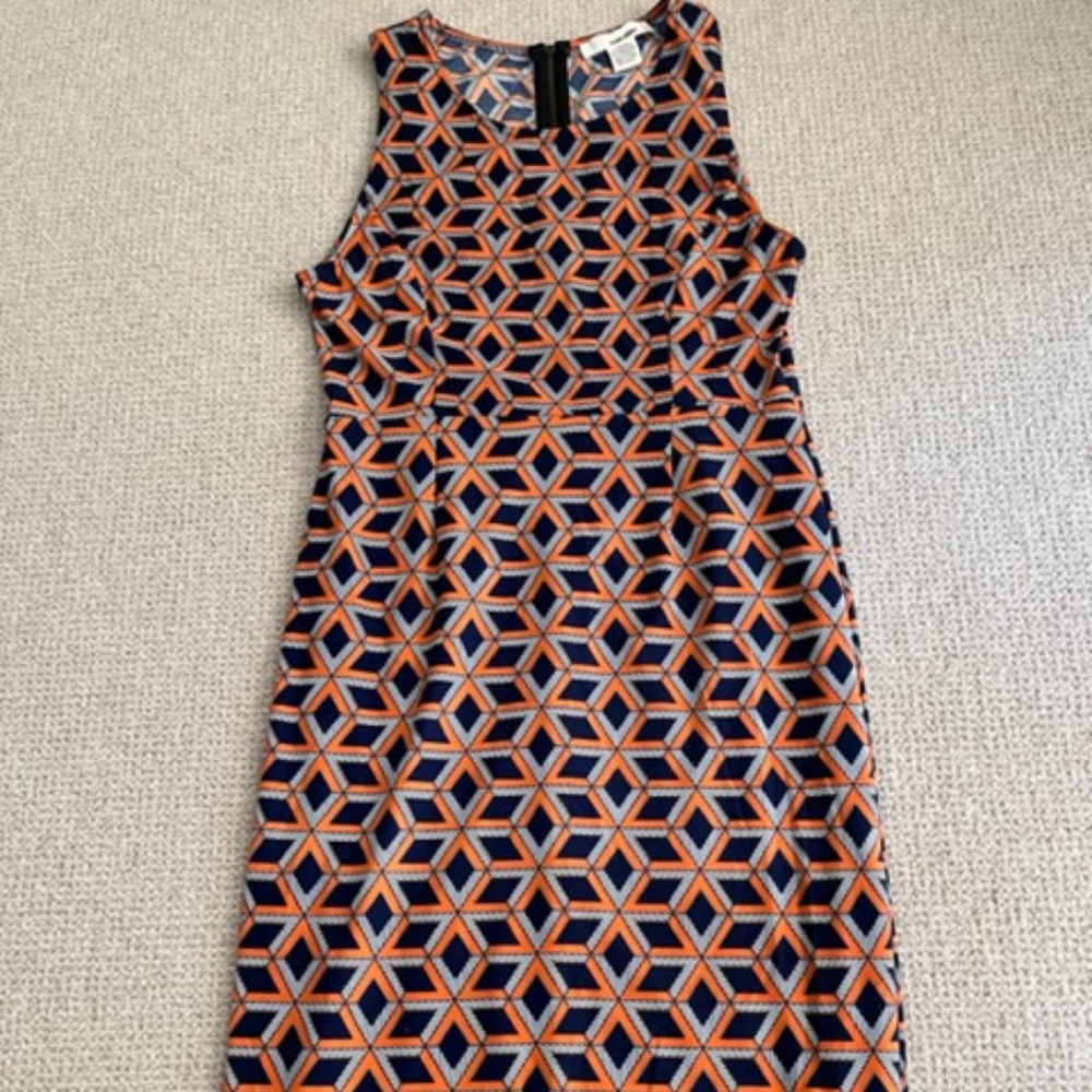 Orange/Navy/white jersey knit geometric sleeveless dress; Sans Souci;   Large Jr
